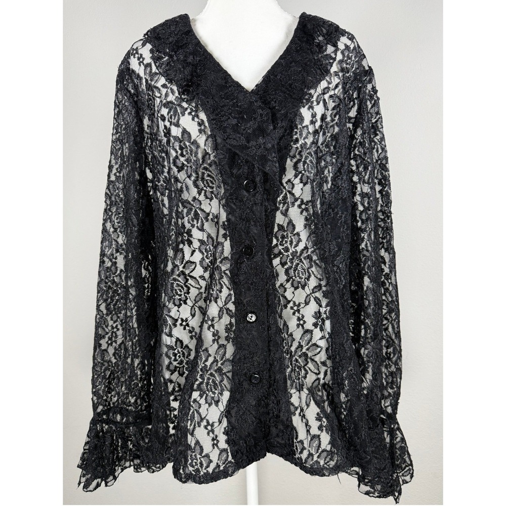 Vintage Lace Blouse Womens 18 Black Floral Ruffle Bell Sleeve Whimsygoth Witch